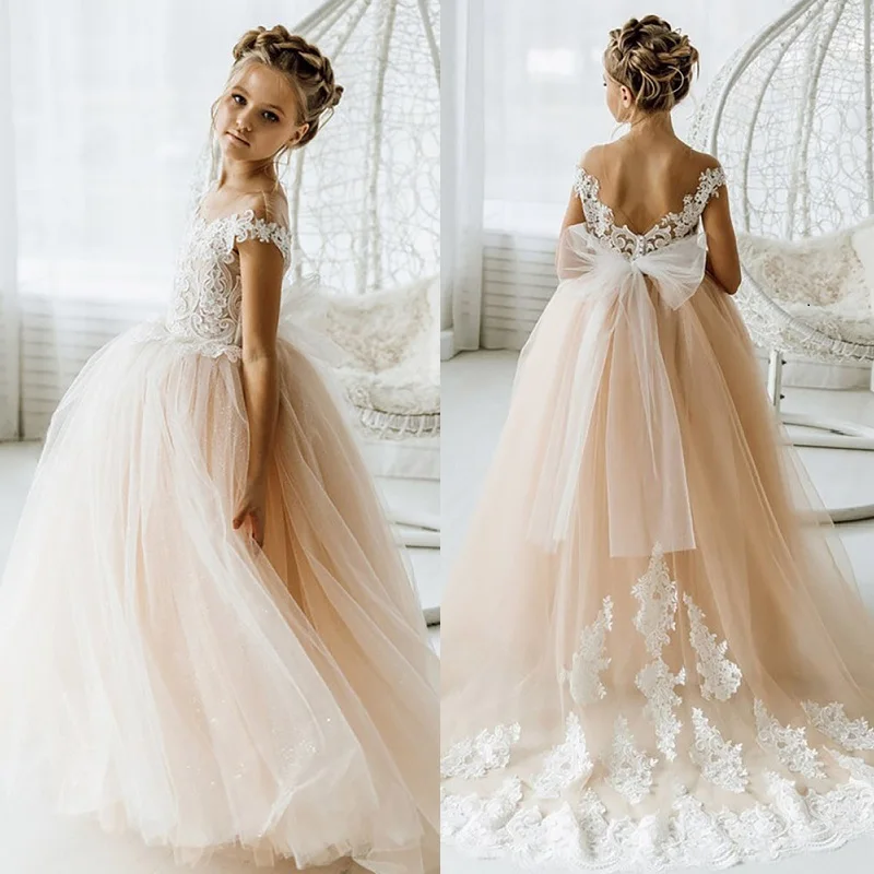 

Свадебное платье для девочки 2022 кружевное Тюлевое платье с открытой спиной для девочки с цветами винтажное бальное платье для подружки невесты