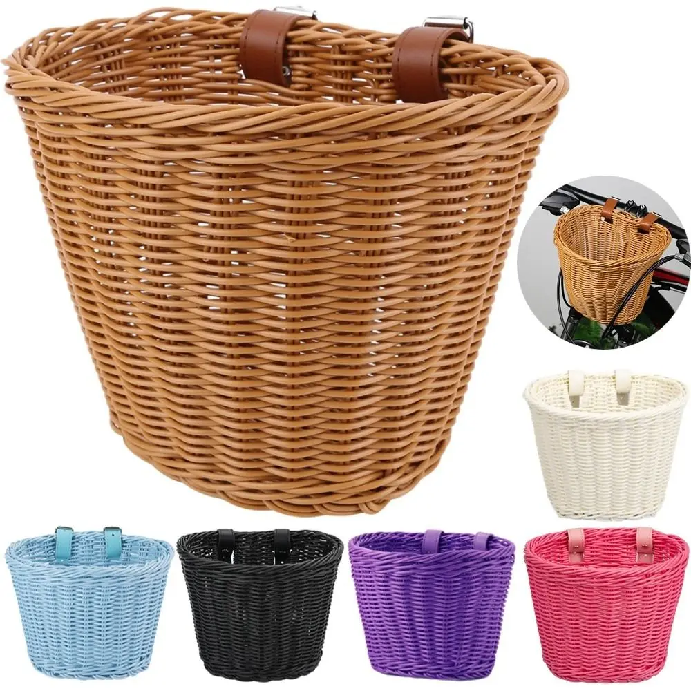 

Woven Handmade Bike Basket Multi-Colors Adjustable Leather Straps Toddler Tiny Tricycle Baskets Brass Buckles Waterproof Storage