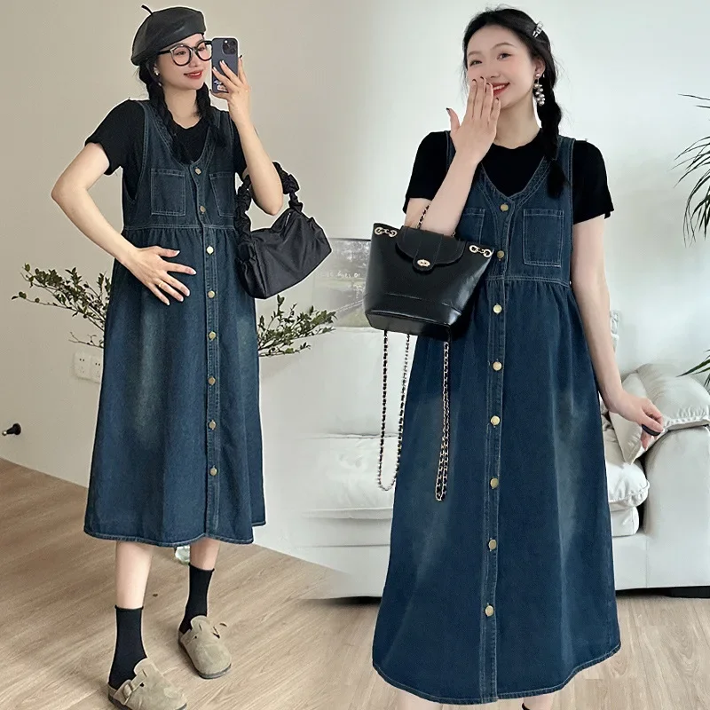 Summer New Pure Cotton Maternity Set with Denim Overalls Korean Style Women Pregnant Women Clothing Comfortable Breathable