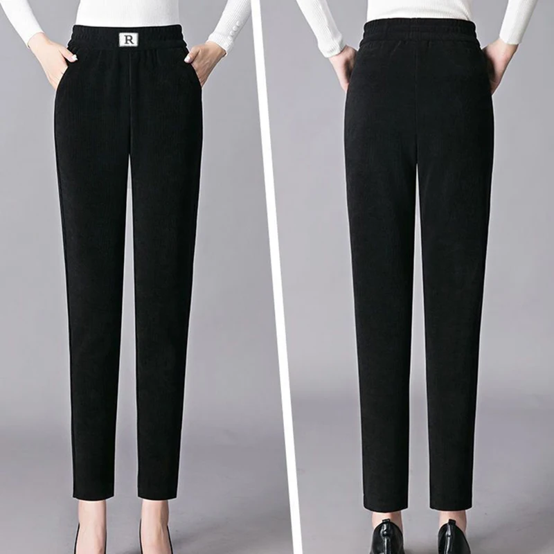 High waisted elastic warm pants for women loose casual letter pocket straight leg pants