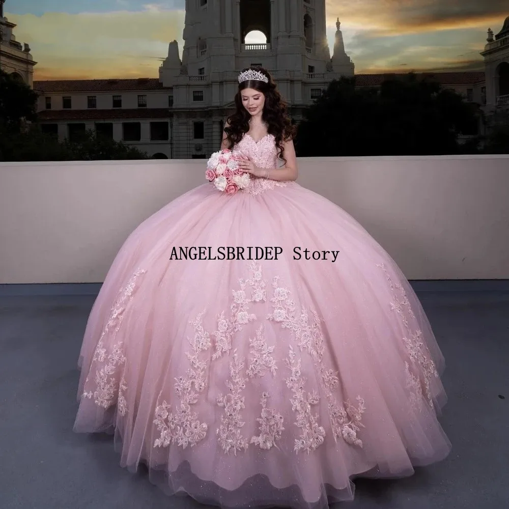 ANGELSBRIDEP Pink 3D Floral Quinceanera Dresses Tiered Lace Applique Beading Mexico Sweet 16 Vestidos De 15 Anos Customized
