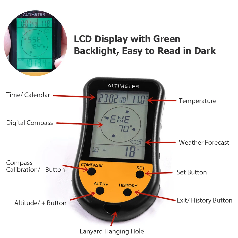 8 in 1 Electronic Digital Altimeter LCD Backlight Mini Altimeter Barometer Compass Thermometer Weather Forecast Clock Calendar digital altimeter