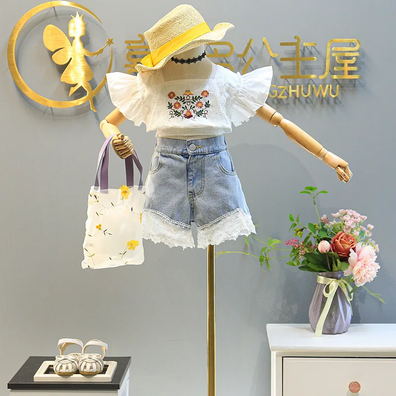 Children's Clothing Summer New Girls' Suit Fashion Embroidered Top plus Denim Shorts SuitWS