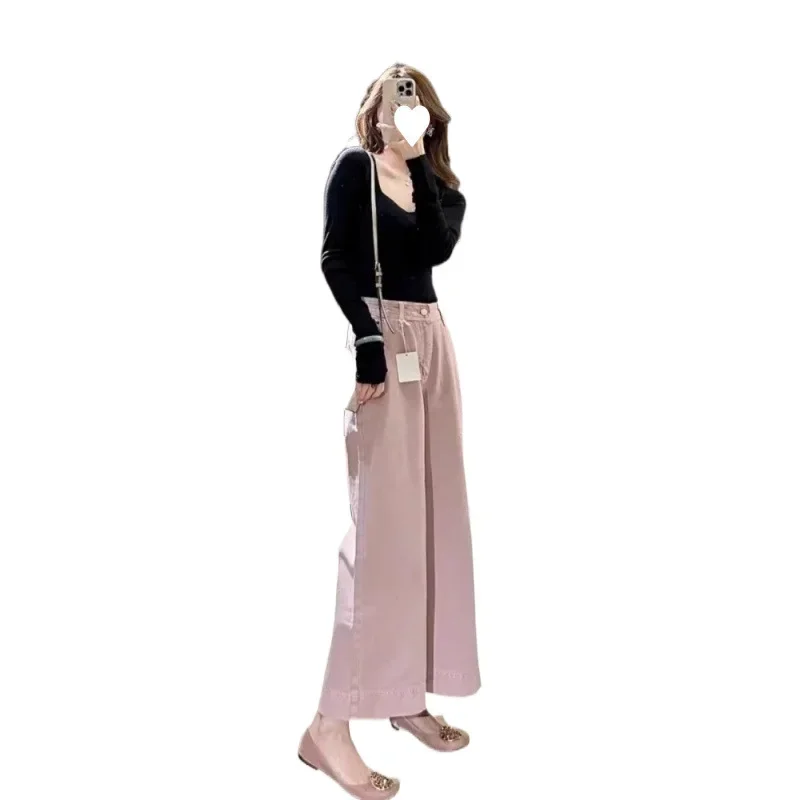 Pink High-Waisted Wide-Leg Jeans New Spring/Autumn Style Women's Straight-Leg Pants Large Size Chinese Traditional Pants