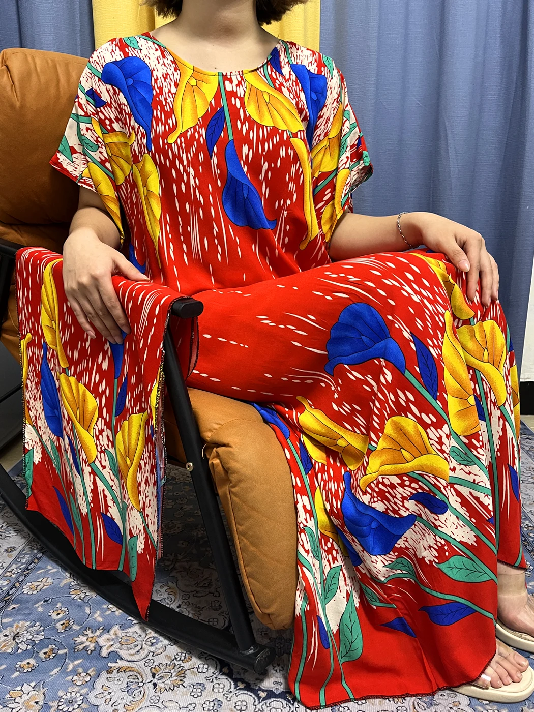 Muslim Floral Print Cotton Abayas For Women Loose Femme Robe With Hijab Scarf LT169