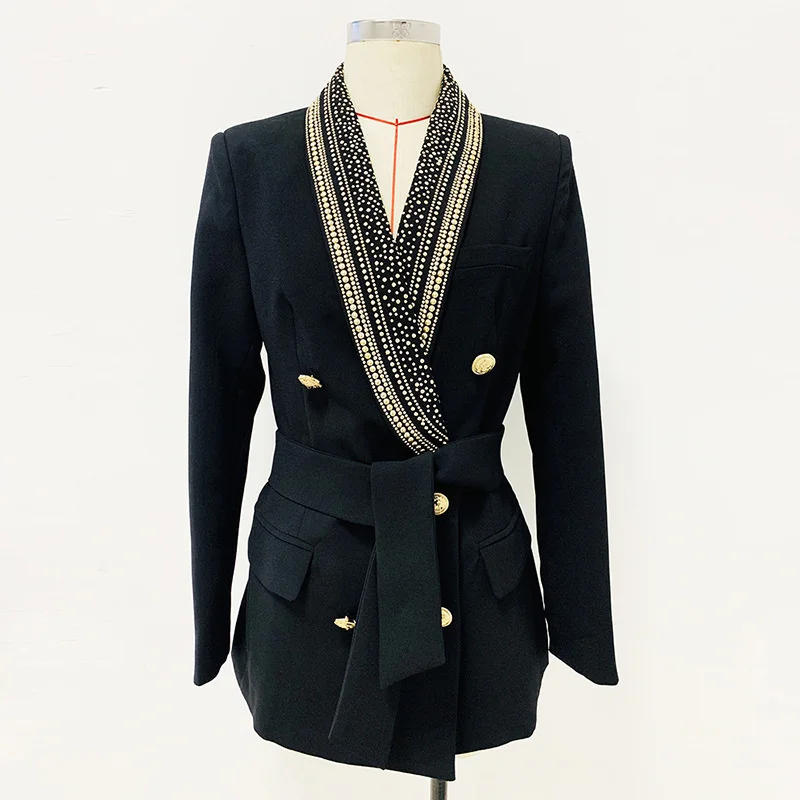 High Street Newest Design Blazer For Women 2022 Stylish Designer Jacket Women's Metal Sheets Beading Belted Shawl Collar |