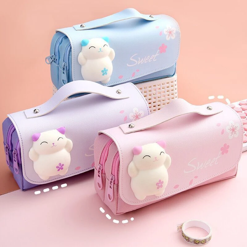 

Cute Cat and Rabbit Decompression Pencil Box Large Pencil Box Portable Girl Pencil Bag Double-layer Schoolbag Kawaii Stationery