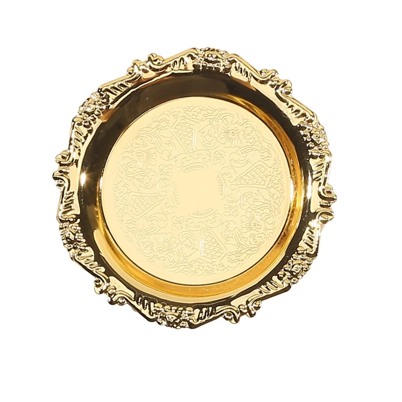 Vintage Metal Golden Cocktail Coaster Metal Exquisite Cake Tray Snack Dessert Display Plated Snack Dishes 4inch/6inch