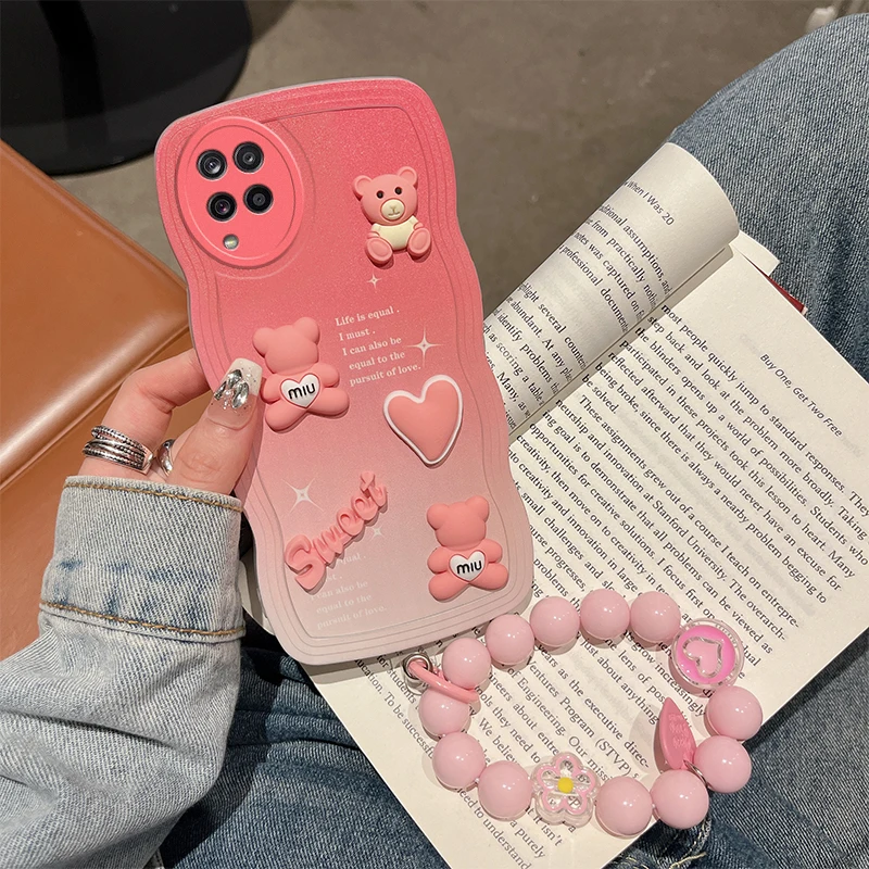 

For Samsung Galaxy A12 4G 5G Phone Case 3D Cute Cartoon Animal Fashion Soft Silicon Sport Hand Strap Bracelet Back Cover