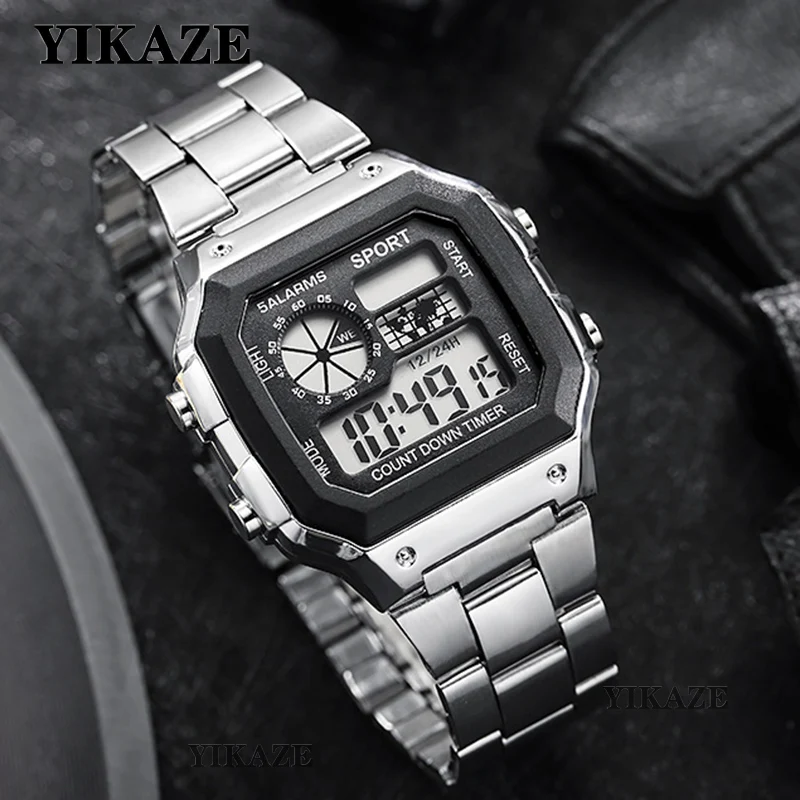 YIKAZE 남성용 밀리터리 시계, 럭셔리 스포츠 디지털 시계, 스테인레스 스틸 카운트다운 방수 전자 손목시계, 남성용 선물