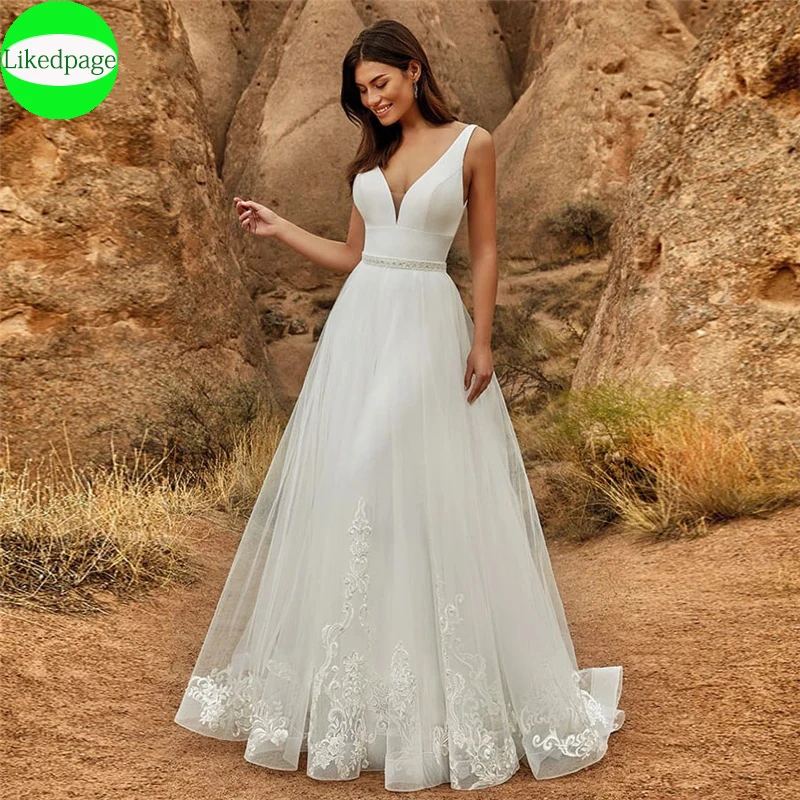 

Sexy Deep V-Neck Wedding Dresses For Women 2024 With Belt Vestidos De Novia Elegant Appliques Brush Train Bridal Robe De Mariée