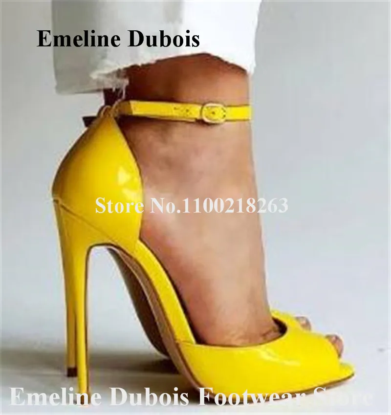 

Yellow Patent Leather Pumps Emeline Dubois Peep Toe Stiletto Heels Shoes Red Grey Ankle Straps High Heels Party Dress Shoes