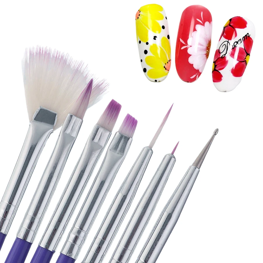 7-teiliges Nail-Art-Pinsel-Set mit violettem Griff, anfängerfreundliche Blumenmalerei, Zeichnung, Liner, Punktierung, Maniküre, Übungspinsel – Detail 1
