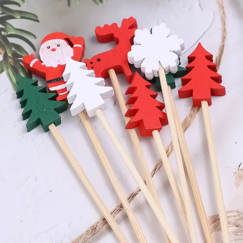 50Pcs/set Christmas Fruit Sticks Disposable Bamboo Sticks Snowflake Christmas Tree Elk Santa Claus Snowman Sticks Xmas Ornaments 5