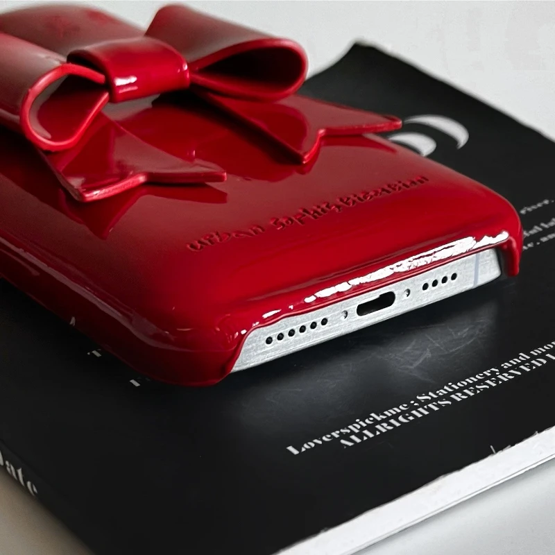 Korean Vintage Red 3D Bowknot Leather Case - Creative Glossy Soap Soft Cover