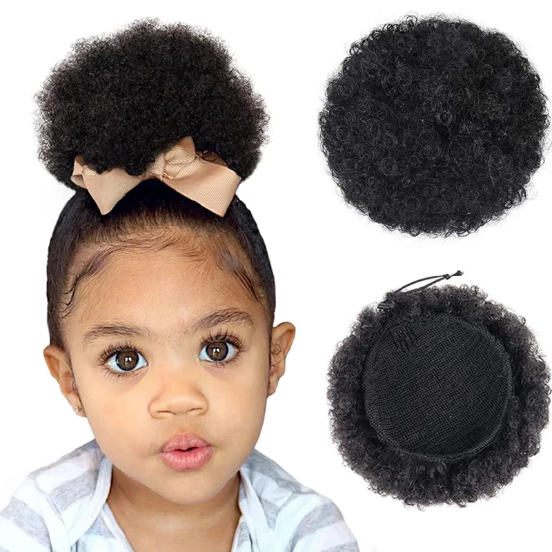 4Inch Afro Puff Drawstring Ponytail for Girls Kids Women Small Size human Hair Buns Kinky Curly Hair Donut Chignon natural color