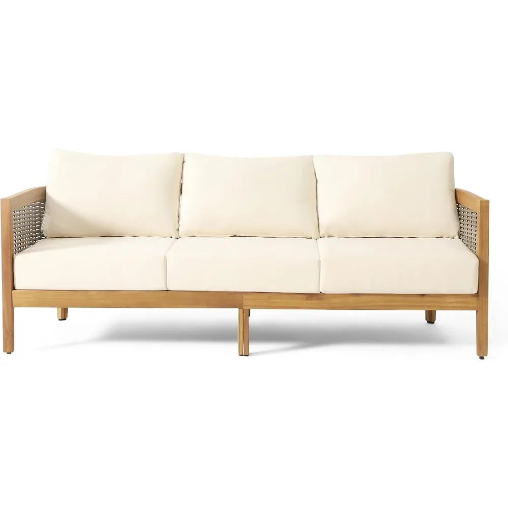 Outdoor Acacia Wood Wicker 3 Seater Sofa, Patio Furniture Conversation Set for Backyard 5