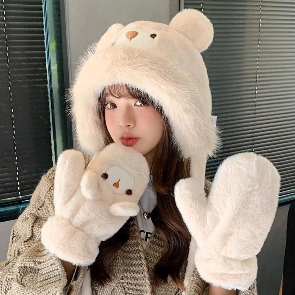 Plush Cute Bear Hat Women's Winter Gloves Fleece-lined Thick Windproof Cold-Proof Warm Beanie Hat Earmuff Headgear Cap Sets