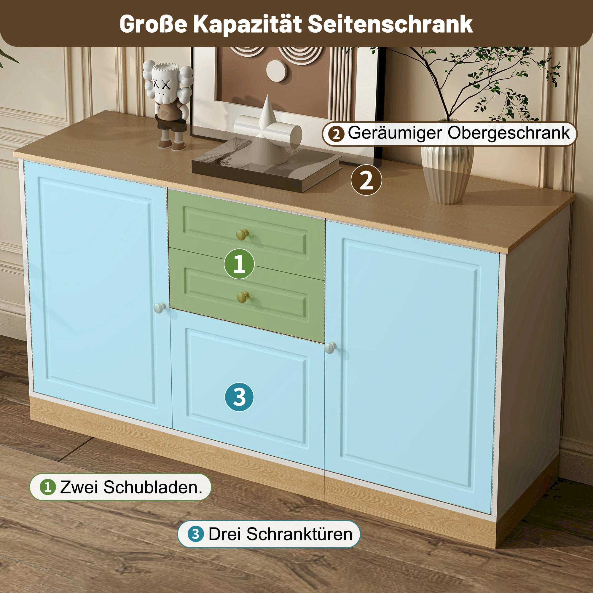 Sideboard mit drei Türen und zwei Schubladen, perfekt für Wohn- und Esszimmer als multifunktionaler Stauraum. – Detail 14