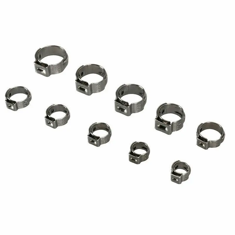 100 Stück O-Clips, einzelnes Ohr, stufenlose Schlauchschellen, Edelstahl, 5,3–15,3 mm Schlauchschelle, Edelstahl-Set – Detail 7