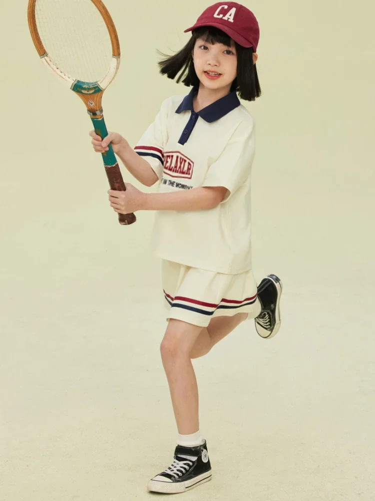 여아용 레터 프린트 라펠 티셔츠 및 짧은 스커트 세트, 10 대 아동복, 테니스 상의, 하의 유니폼, 2 개 세트, 여름