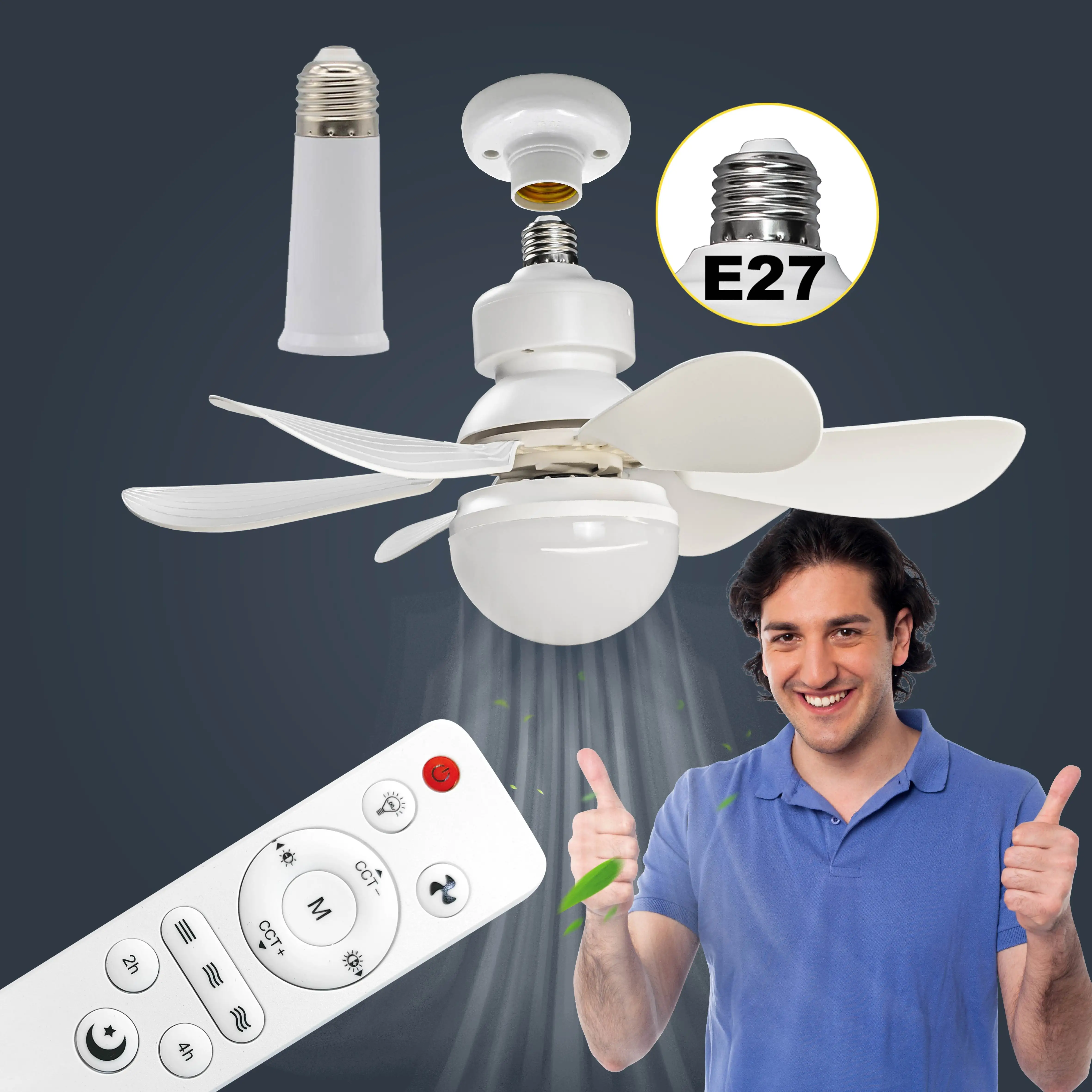 Socket Fan Lamp E27 Base Wireless Remote Control LED Bulb Ceiling Fan Small Ceiling Fan for Bedroom Living Room Kitchen Balcony