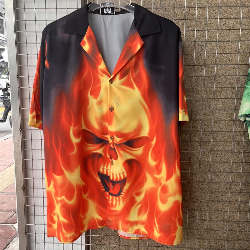 

Casablanca Shirt Skeleton Ghost Flame Print Short Sleeve Unisex High Street Hip Hop Lapel Top Tee Hawaiian Couple Flower Shirt