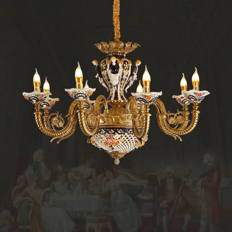 

Classic French Style Foyer Antique Brass Ceramics Pendant Lamp Retro Decorative Living Room Copper Candle Chandeliers