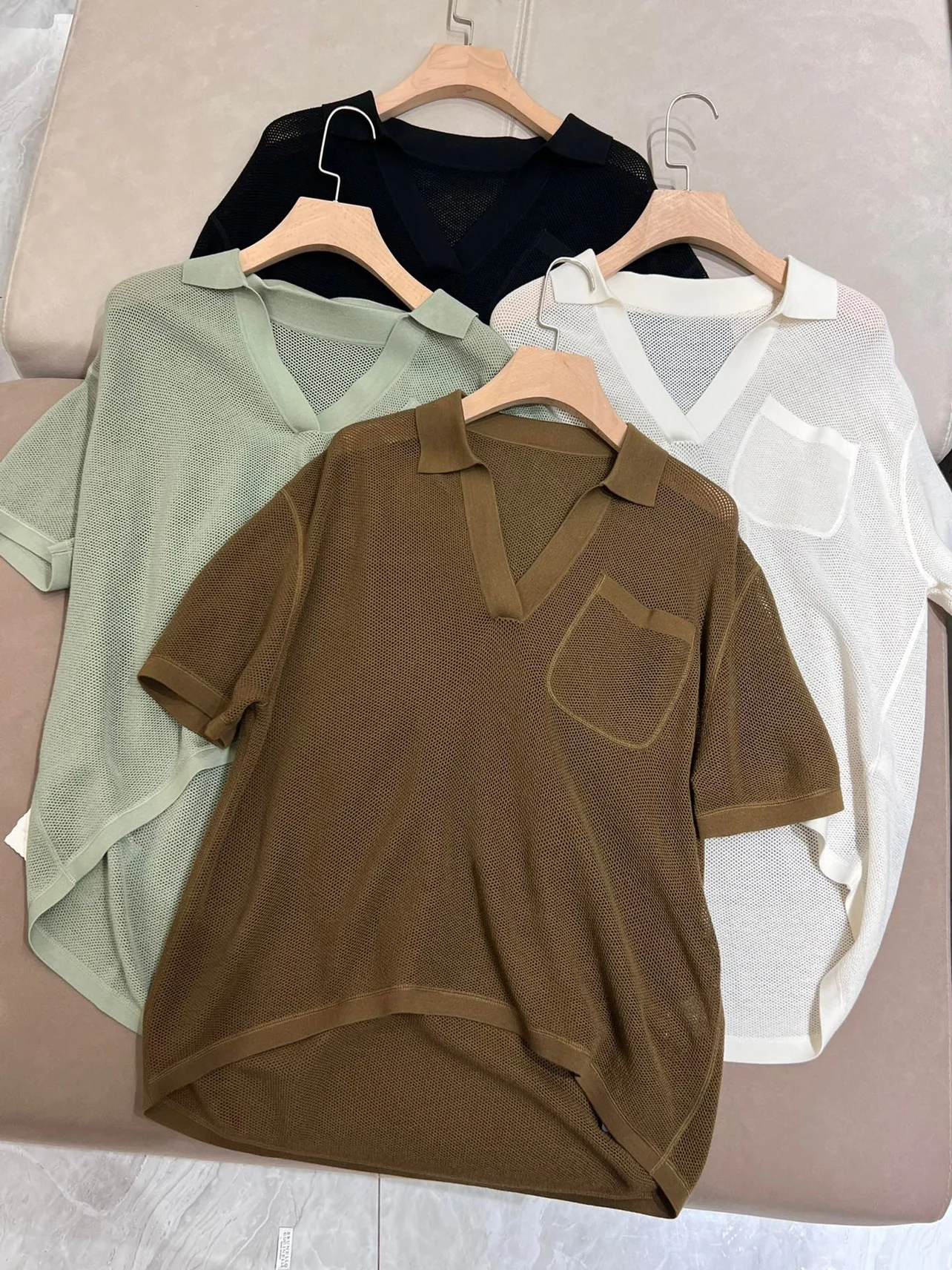 

B*C Spring Summer Turndown Hollow Short-Sleeved Wool T-shirt Loose Casual Women Top