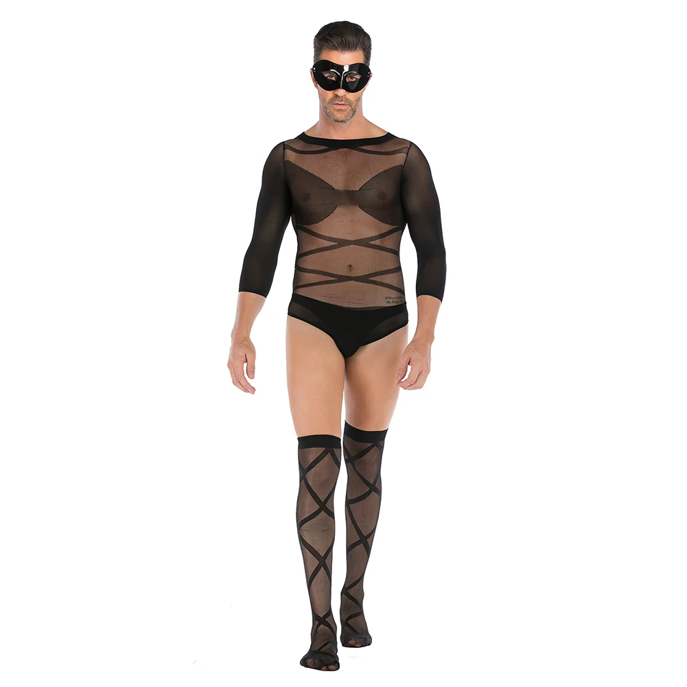 

Sexy Men See Through Mesh Fishnet Bodysuit Patch Facepiece Long Sleeve Tops And Stockings Pantyhose Sets Sissy Night Club Wear