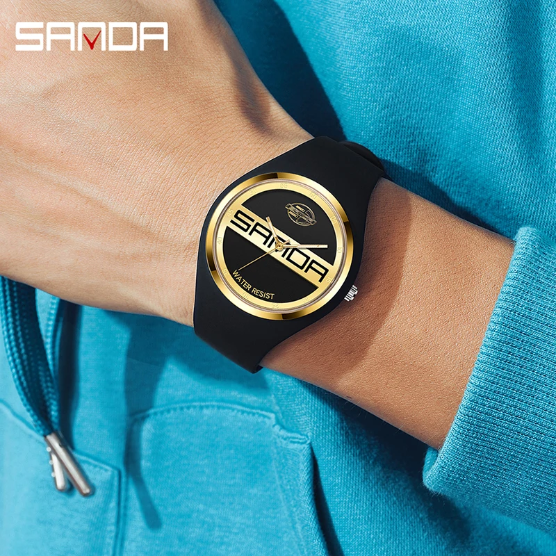 SANDA Fashion Casual Simple Mens Watches Quartz Wristwatches 50M Waterproof Silicone Strap Watch For Men Relogio Masculino 6077