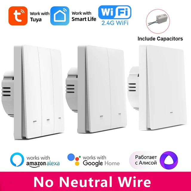 Tuya Smart WiFi Light Switch EU UK Push Button Wall Switch No Neutral Wire Smart Life Control Works With Alexa Google Home Alice