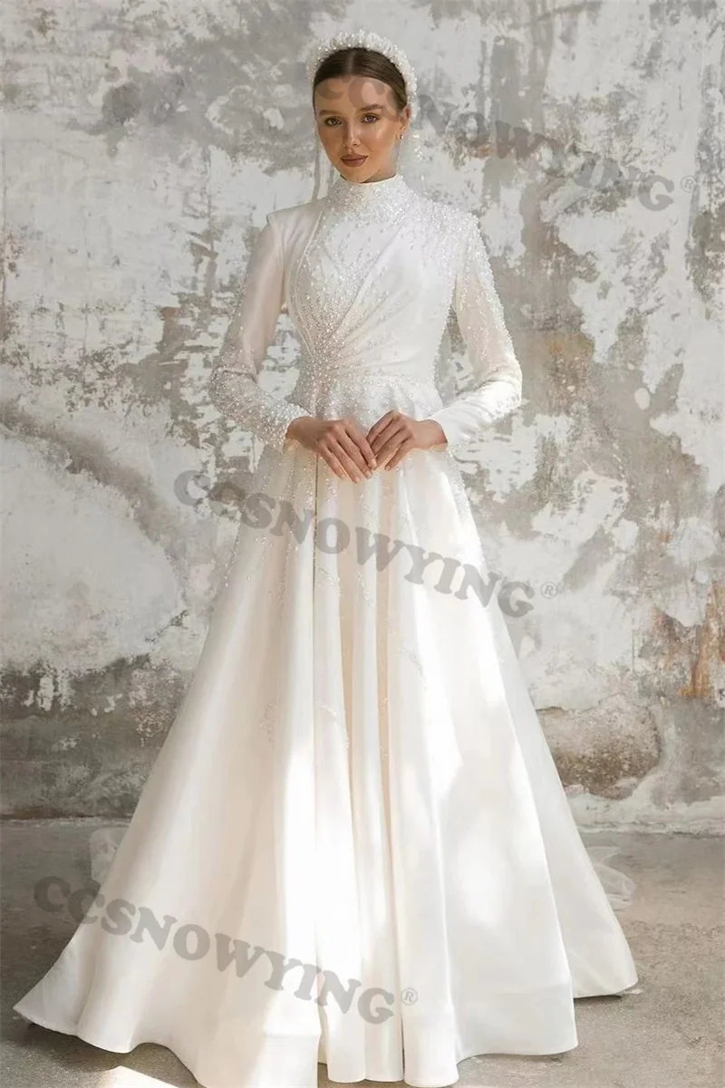 

Luxury Satin Appliques Beaded Pearls Muslim Wedding Dress for Bride Long Sleeve slamic Bridal Gowns Arabic Dubai Robe De Mariée
