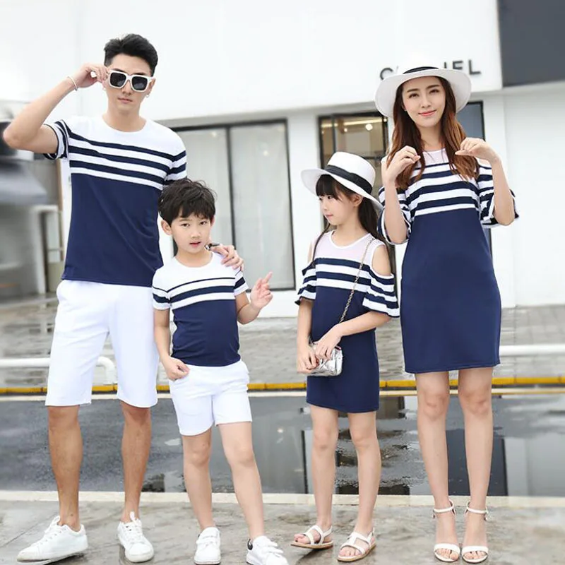 Family Clothing Striped Off Shoulder Mother Daughter Dress Family Matching Clothes Father Son T-shirt Parent-Child Family Set