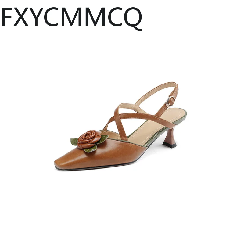 

Женские кожаные сандалии FXYCMMCQ, летние босоножки на высоком квадратном каблуке, с камелией, элегантные желтые босоножки в французском стиле, размеры 32-48