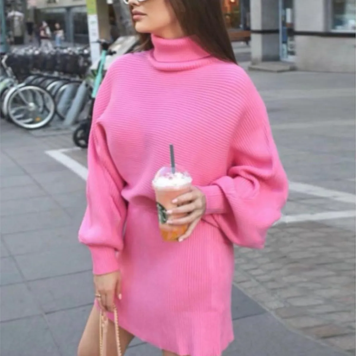 2022 Solid Pink Matching Set Outfits Winter Jumper Knit Mini Dress Sets
