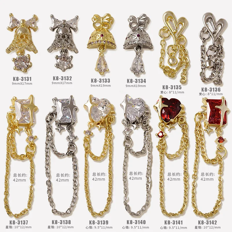

1pcs Love Heart Nail Zircon Charms Luxury Metal Gems Chains Pendant Square 3D Manicure Jewelry Rhinestones for Nail Decoration