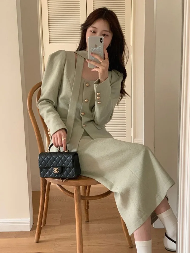 gentle-temperament-suit-coat-skirt-two-piece-set-lady-fashion-square-neck-collarbone-sweet-single-breasted-solid-slim-spring-set