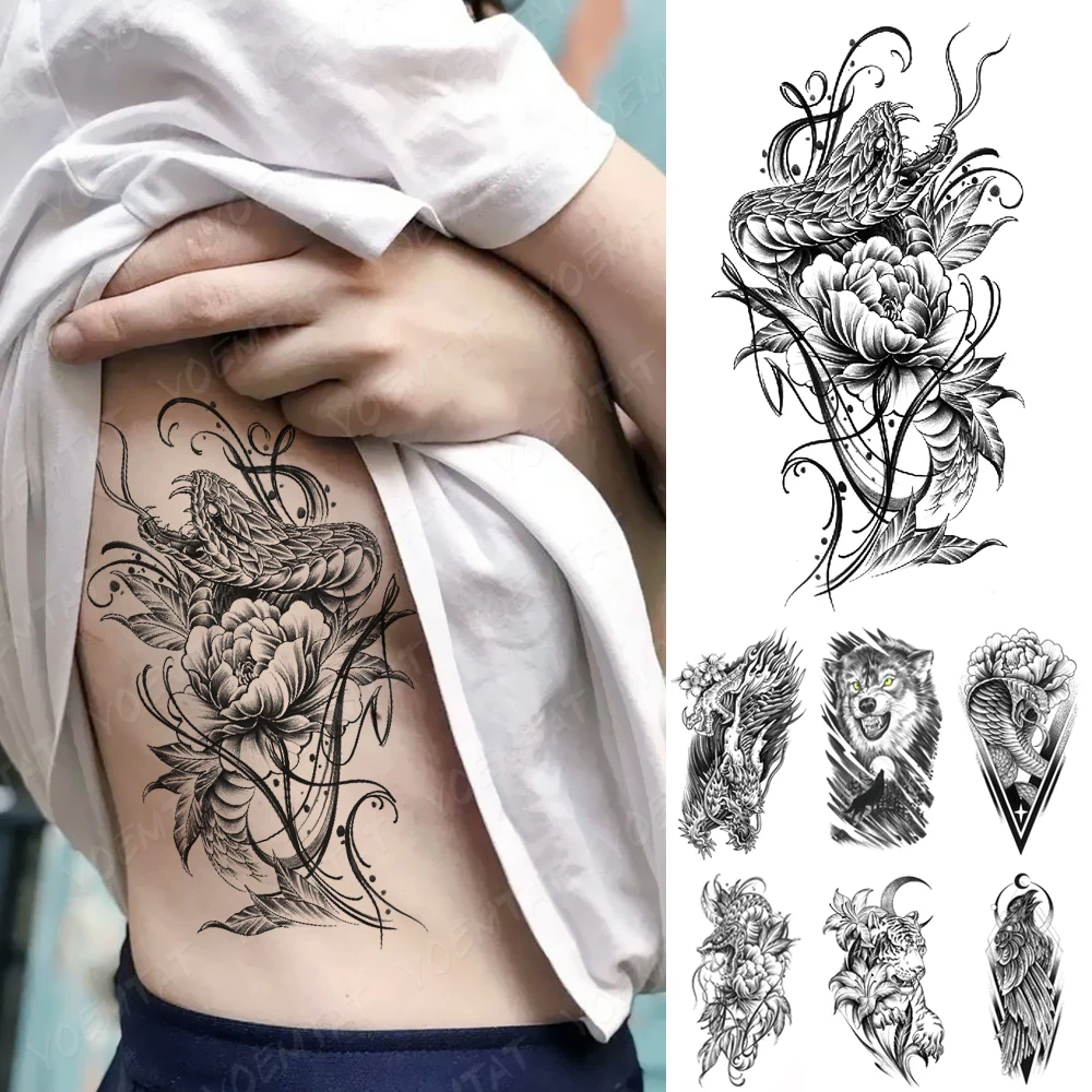 

Waterproof Temporary Tattoo Sticker Sketch Dragon Snake Totem Flower Leaf Festival Women Men Arm Body Art Fake Sleeve Tattoos