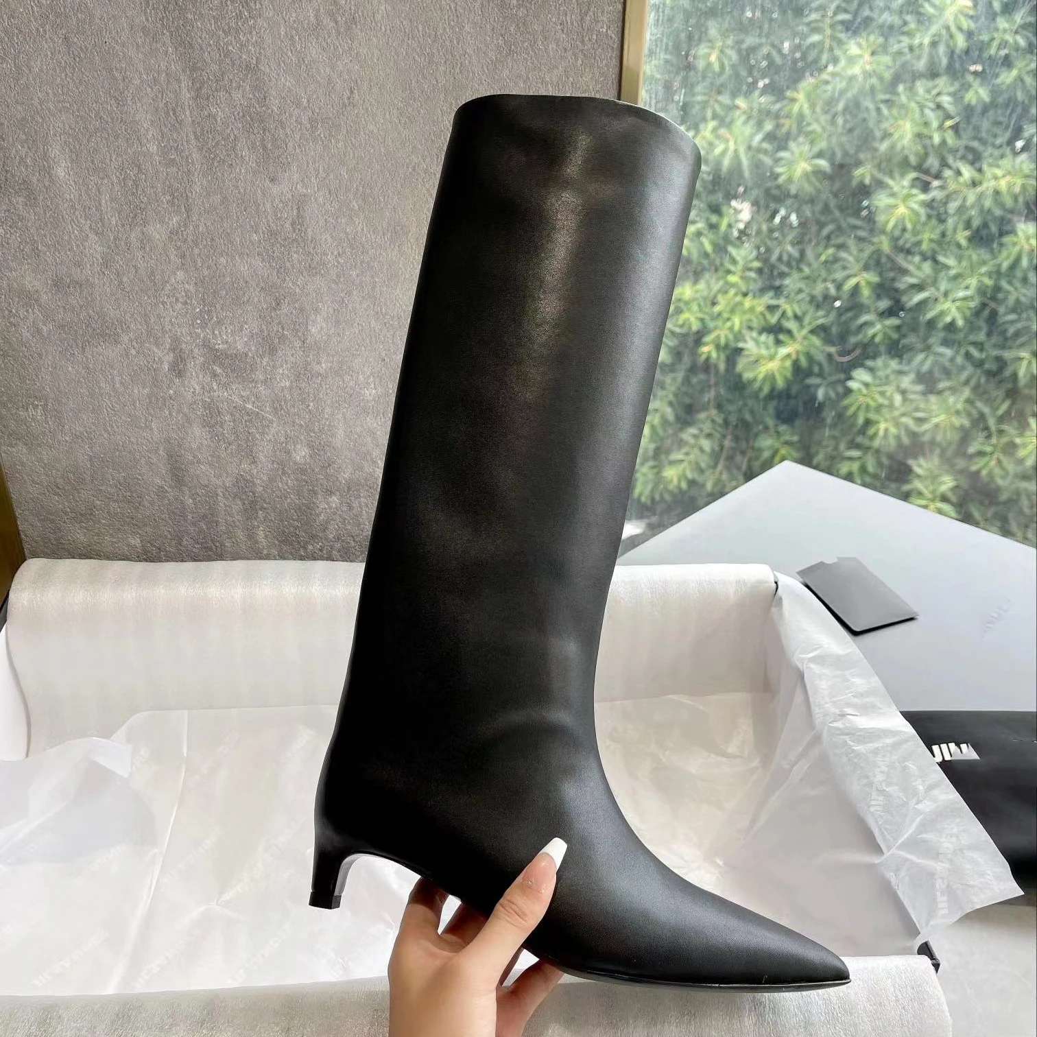 

Black Soft Leather Knee High Knight Boots Slip-On Stiletto Heels Women Botas Long Tube Ladies Shoes Pointed Toe Sapatos Feminino