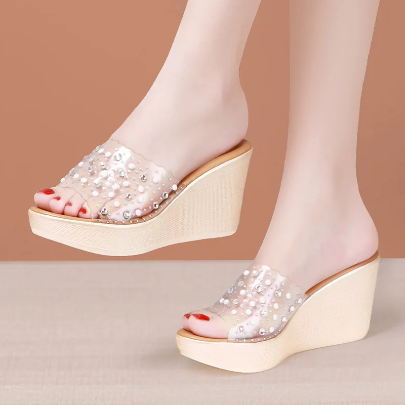 

8cm Small Size 32-43 Gold Rhinestone Transparent Slippers Summer Platform Shoes 2023 Women's Wedges Slides for Office Mom Beach