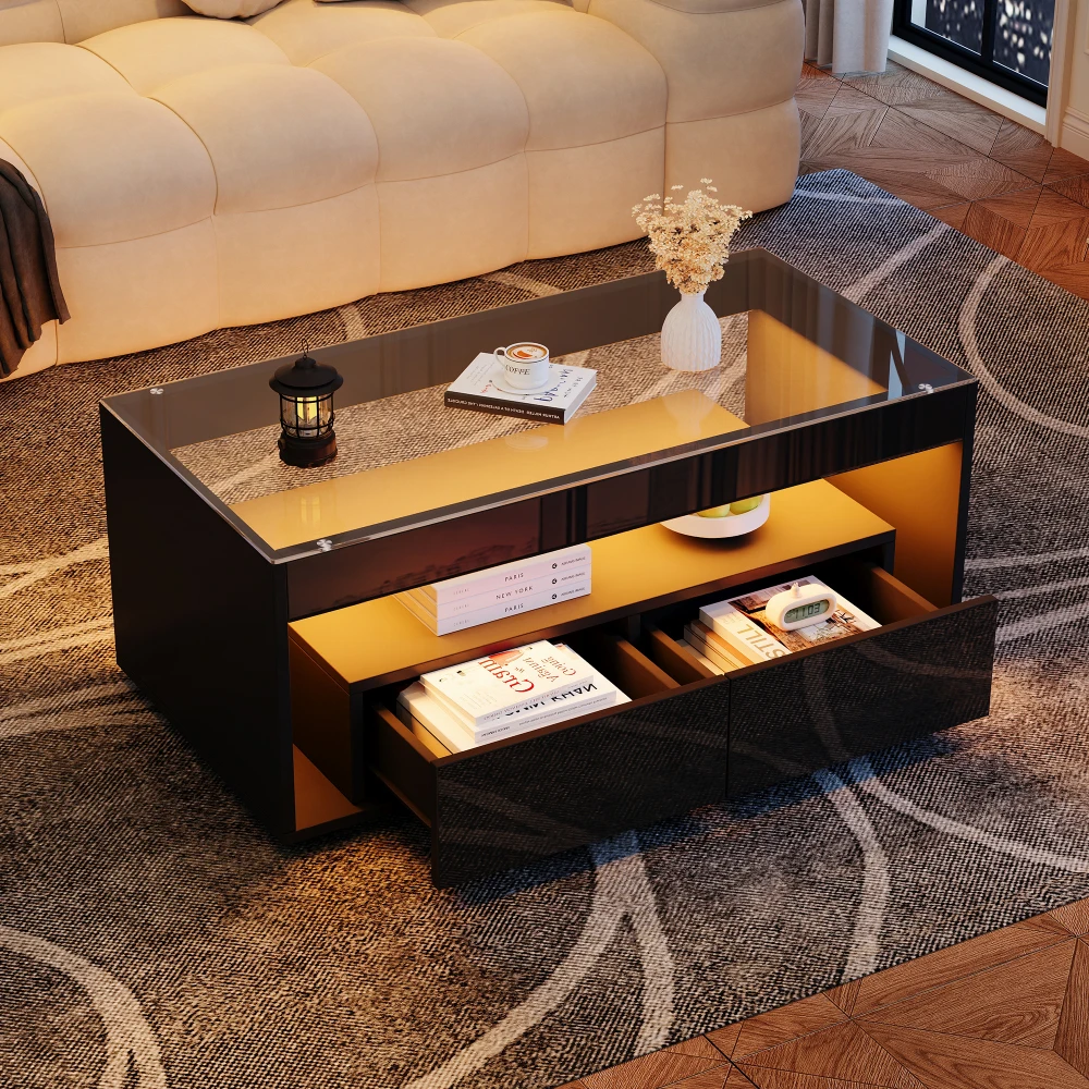 Table basse avec éclairage LED 16 couleurs, table de canapé rectangulaire avec 2 grands tiroirs, table de salon en verre, design à double couche 1 Table basse avec éclairage LED 16 couleurs, table de canapé rectangulaire avec 2 grands tiroirs, table de salon en verre, design à double couche 1