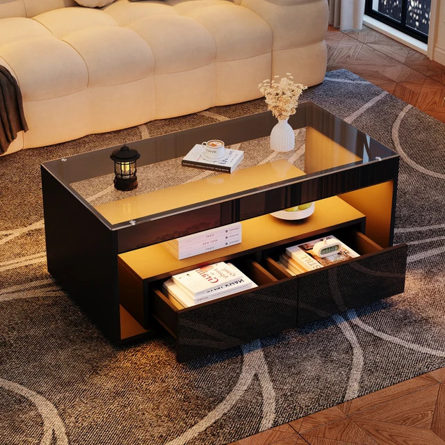 Table basse avec éclairage LED 16 couleurs, table de canapé rectangulaire avec 2 grands tiroirs, table de salon en verre, design à double couche 1