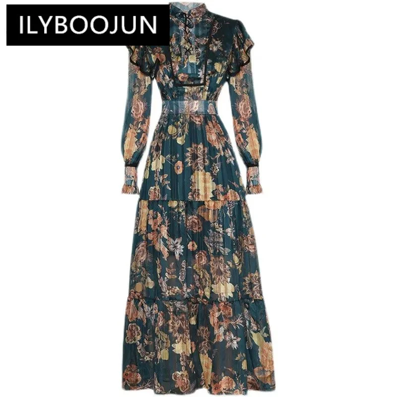 

Модное дизайнерское платье ILYBOOJUN, весеннее женское платье со шнуровкой, воротником-стойкой, длинными рукавами и оборками, винтажные платья с принтом