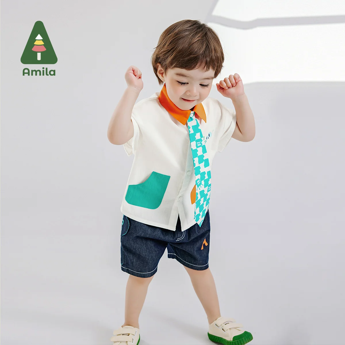 Amila Summer New Boys Bottom Soft Denim Patchwork Cartoon Cat Dark Blue Boutique Breathable Quarter Pants 0-6Y