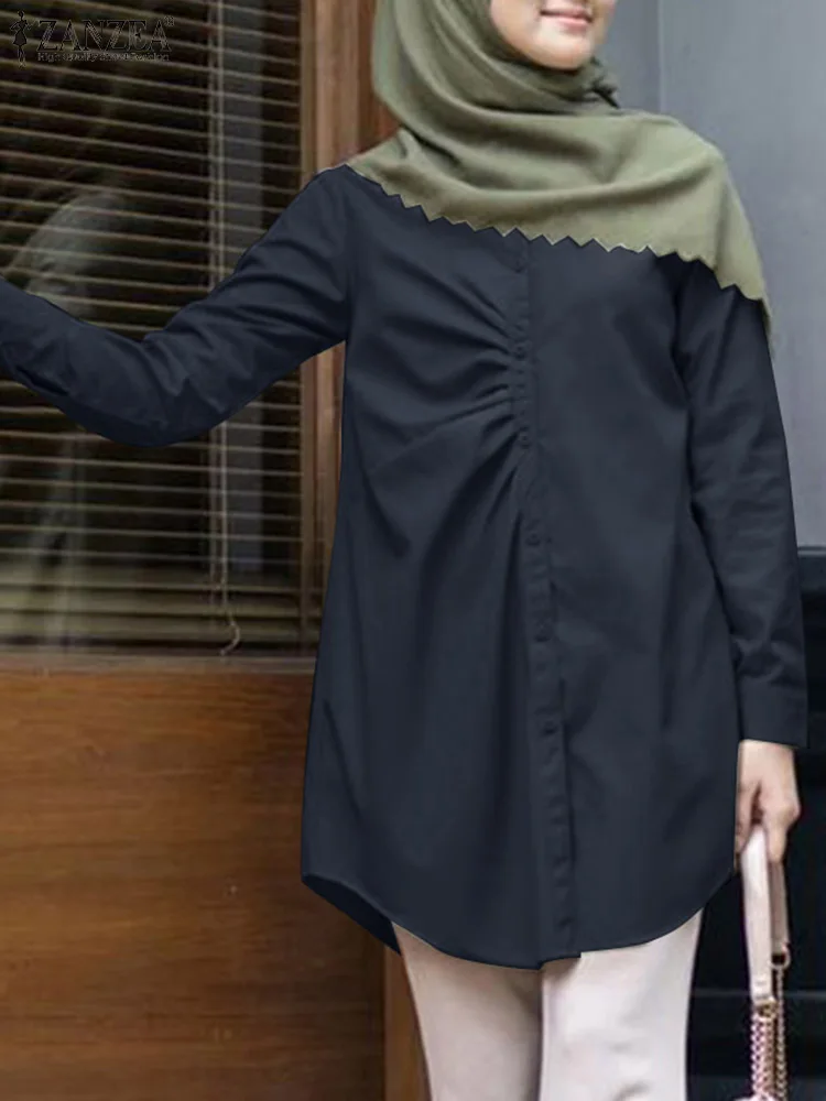 

2023 ZANZEA Fashion Summer Long Sleeve Muslim Ramadan Blouse Casual Solid Turkey Abaya Tops Buttons Blusas Women Pleated Shirt