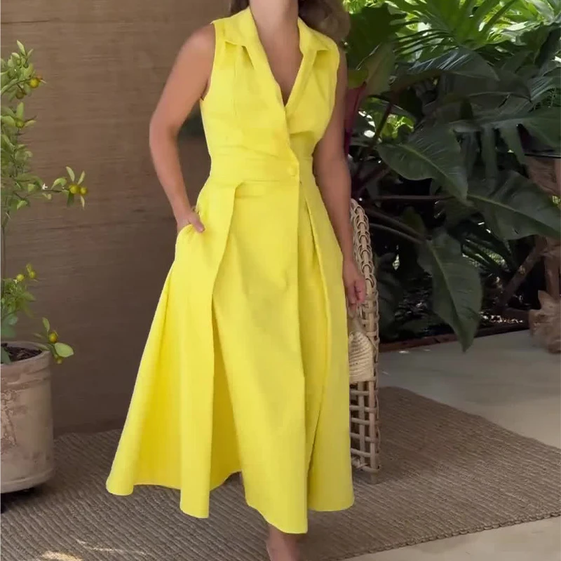 

Summer Fashion Lapel Collar Button Long Dress Women Casual Sleeveless Solid Party Dress Elegant Waist Pocket Pleated Maxi Dress