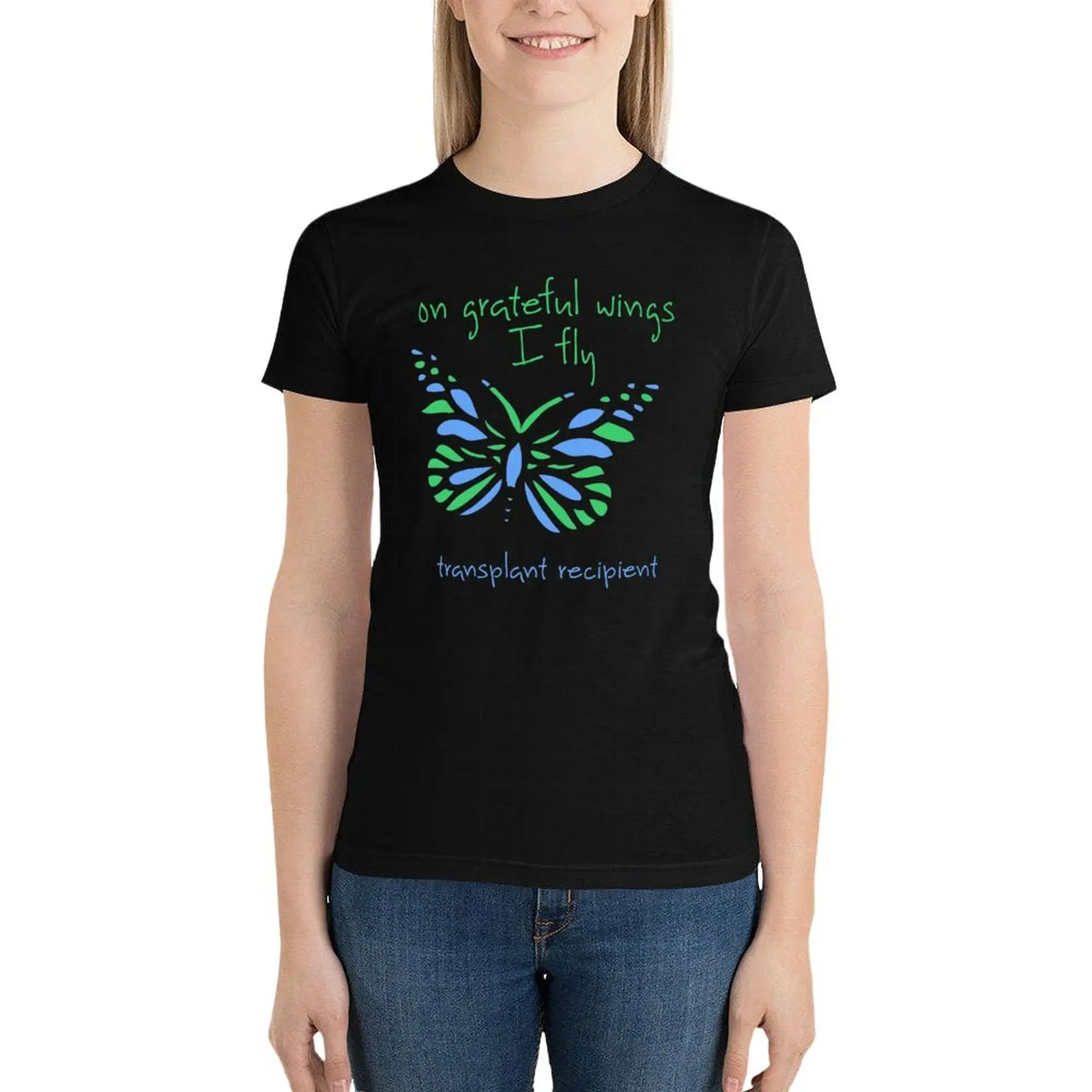 

On Grateful Wings I Fly - Transplant Recipient T-Shirt oversized cute tops white t shirts for Women