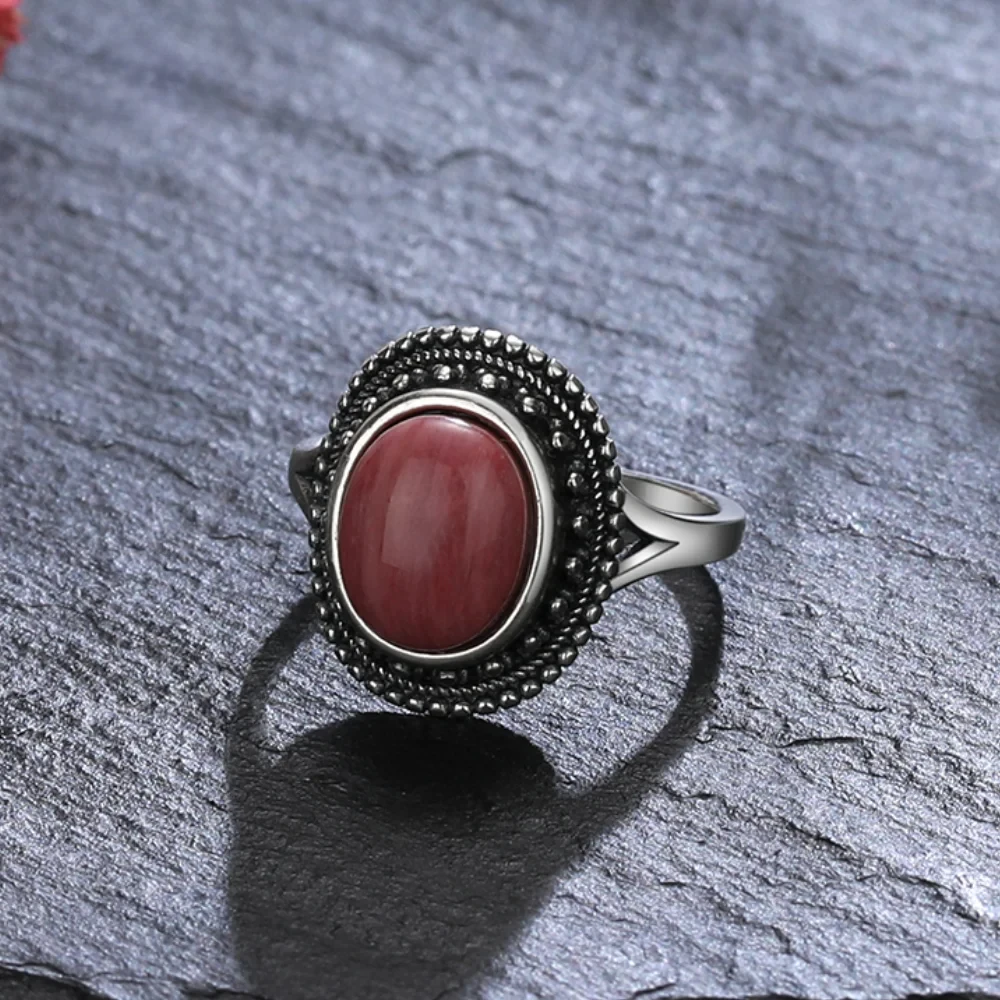 925 Sterling Silver Ring Natural Rhodochrosite Retro New Party Jewelry Gift Oval 8X10MM Tiger's Eye Stone Ring Wholesale
