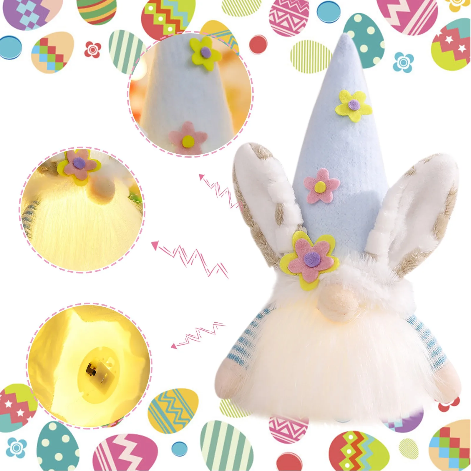 

2PCS Easter Decorations 2024 Luminous Gnome Faceless Doll Plush Rabbit Ear Dwarf Doll Decoration For Home Party Ornament Crafts